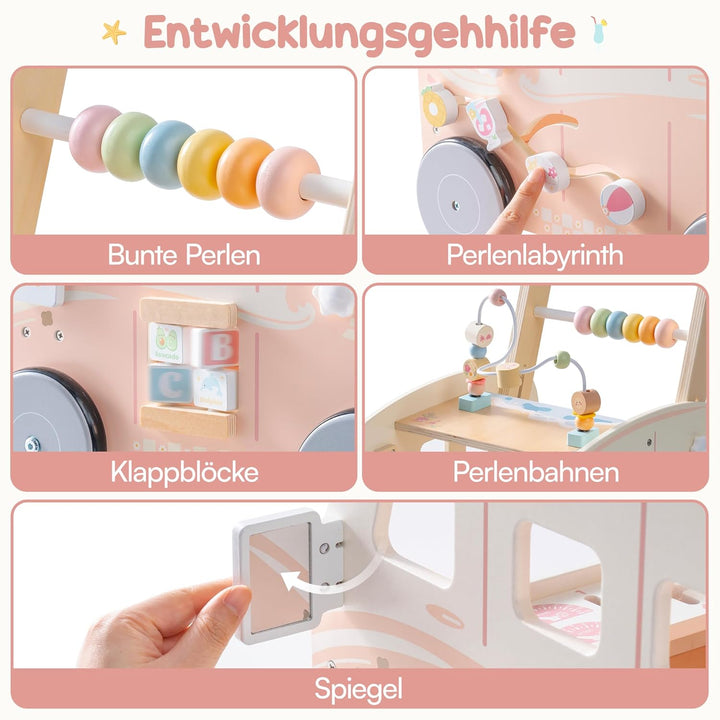 ROBUD Baby Lauflernhilfe Holz, Interaktiver Lauflernwagen, Einstellbare Geschwindigkeit & Höhe Baby