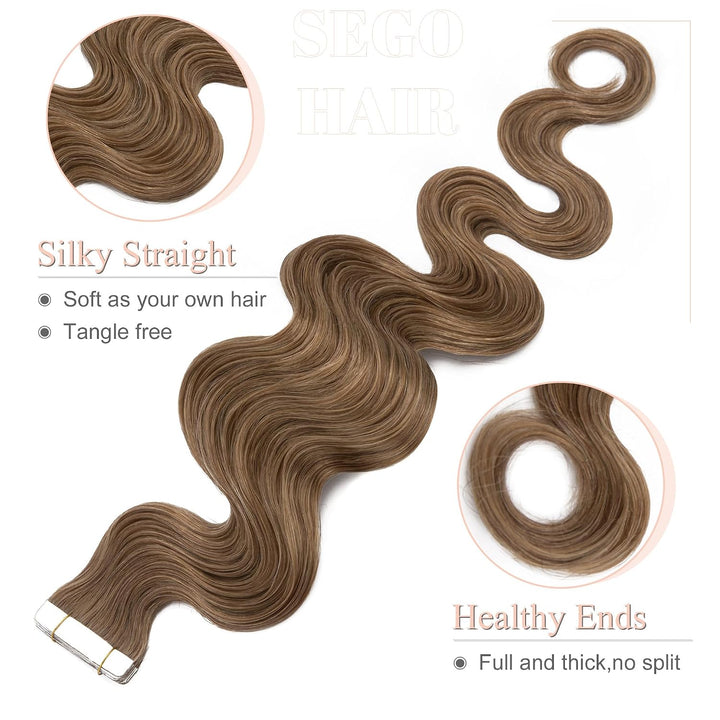 SEGO Tape Extensions Echthaar GEWELLT 16zoll/40cm 20 Stück Klebeband Haarverlängerung 100% Remy Haar