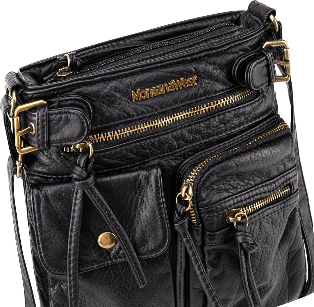 Montana West Damen Echtes Leder Handtaschen 046schwarz, 046 Schwarz