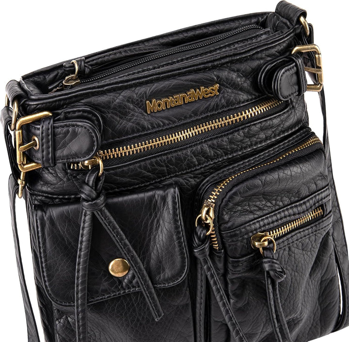 Montana West Damen Echtes Leder Handtaschen 046schwarz, 046 Schwarz