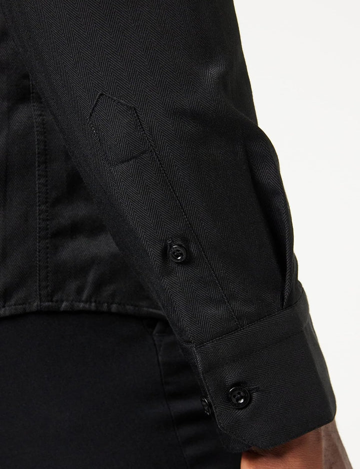 Xact Herren Langarmhemd mit Herringbone-Muster und Grandad-Mandarinkragen L Schwarz, L Schwarz