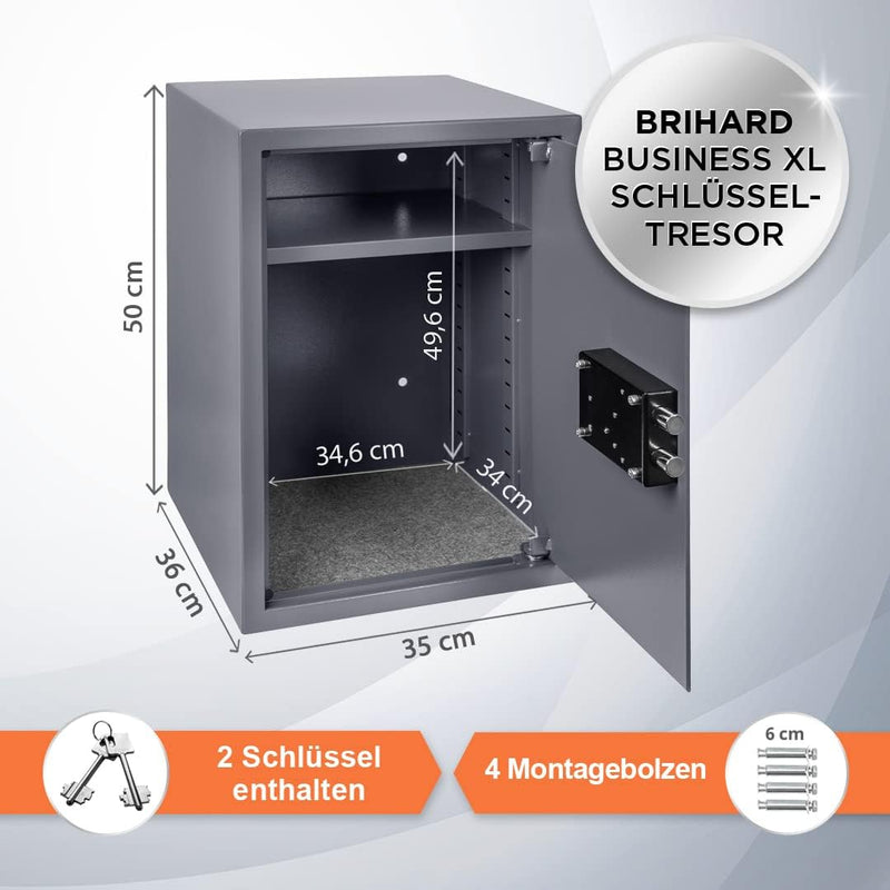 Brihard Business XL Tresor Safe mit Schlüssel-Schloss, 50x35x36cm (HxWxD), Titan Grau Business XL (5