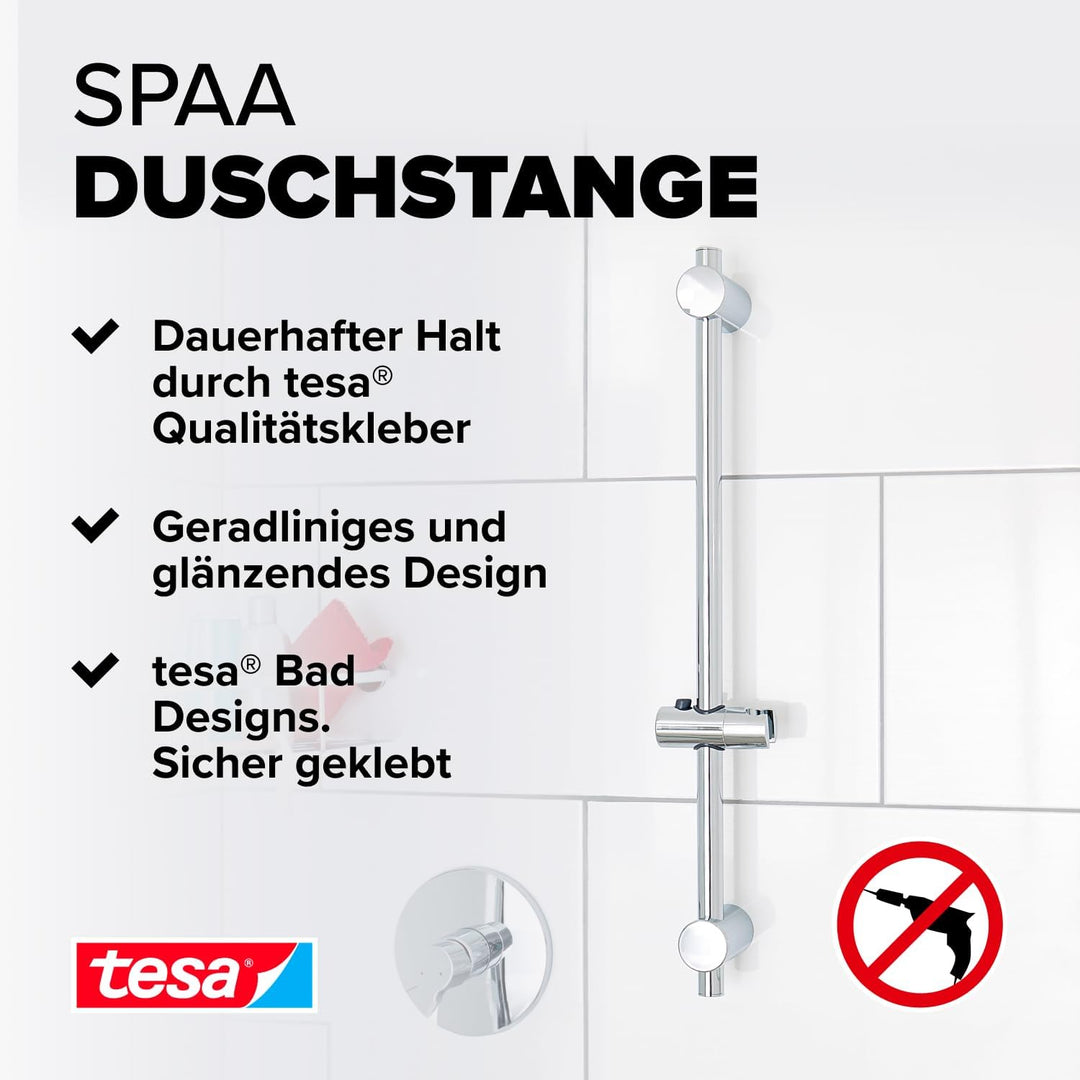 tesa SPAA Duschstange, verchromt, Duschkopfhalter höhenverstellbar, inkl. Klebelösung, Länge der Sta