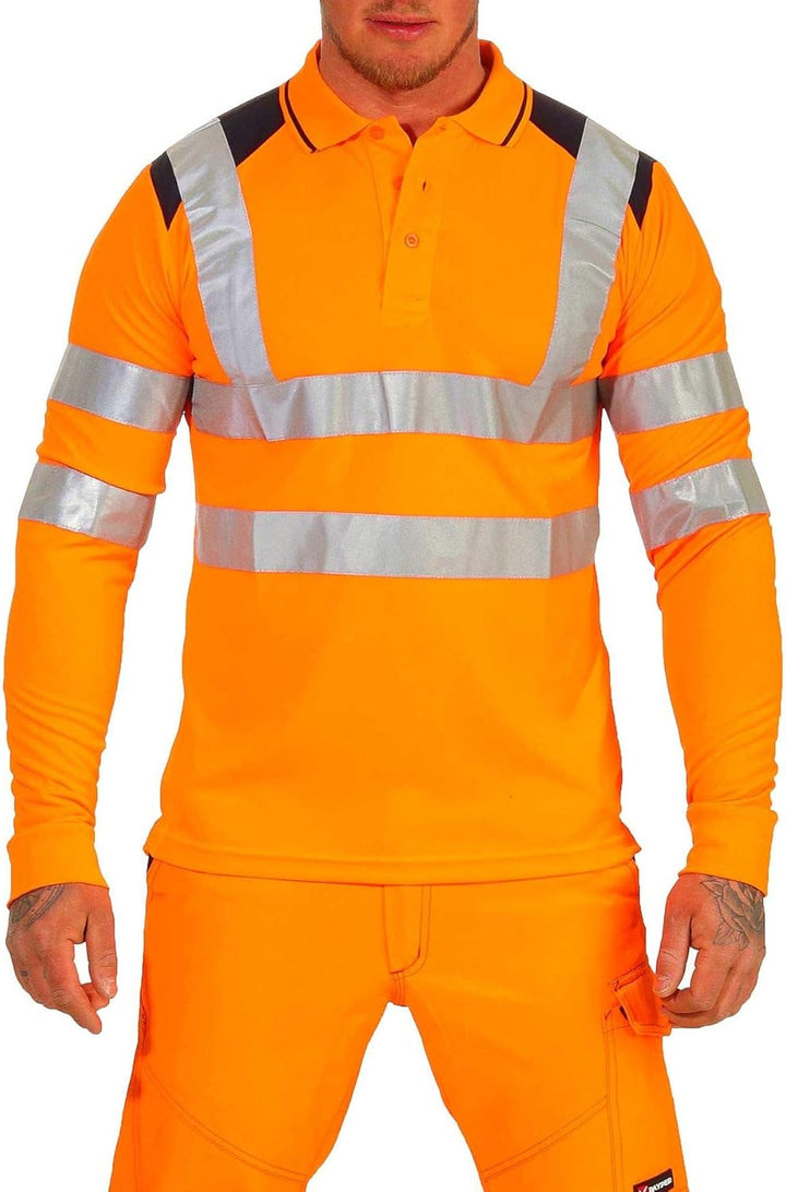 Herren Warnschutz Langarmshirt Poloshirt, Hohe Sichtbarkeit Reflexstreifen EN ISO 20471 Klasse 2 XL