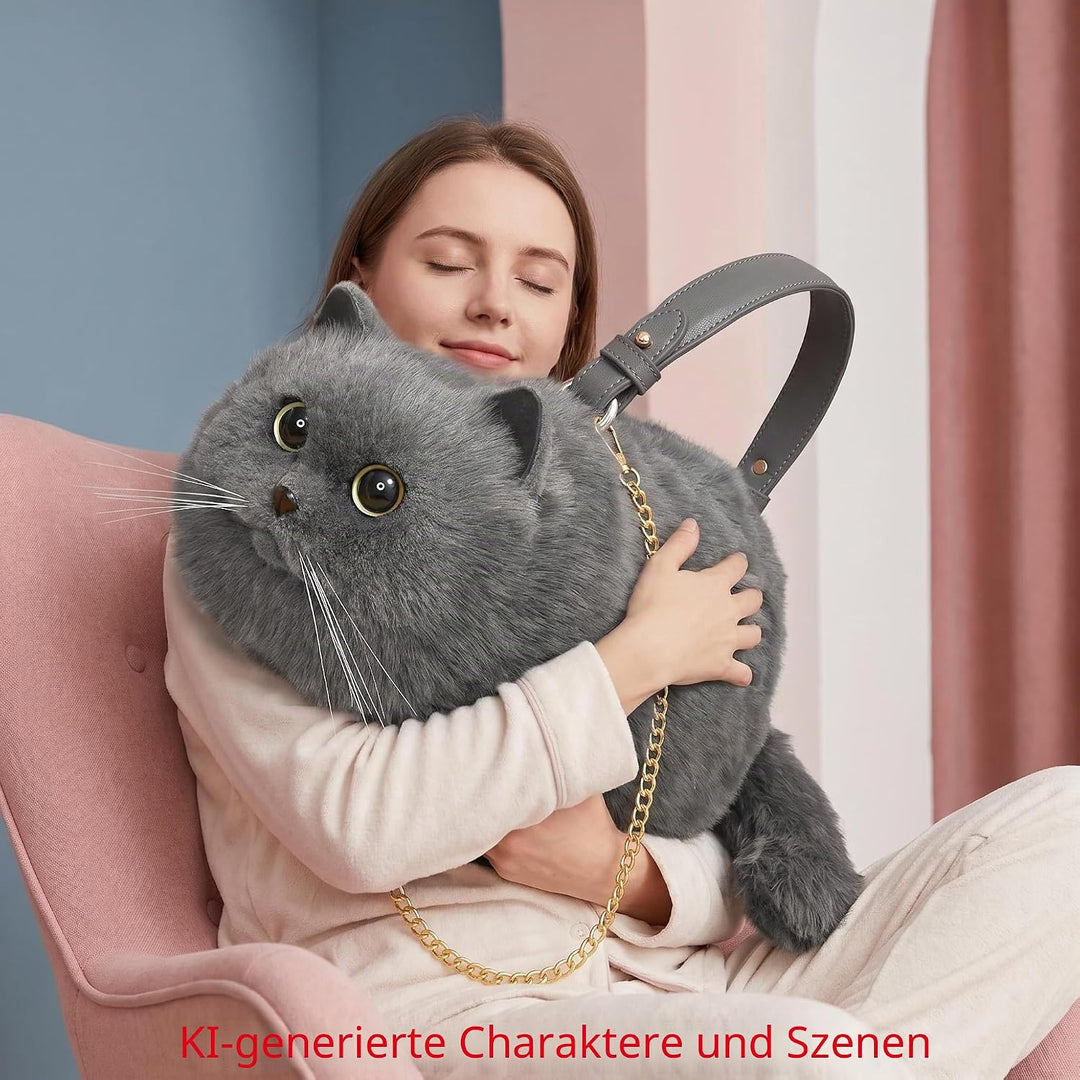 HUIJUFU Realistische Puffy-Plüsch-Katzentasche in Form Einer Umhängetasche für Frauen (Blaue Katze),
