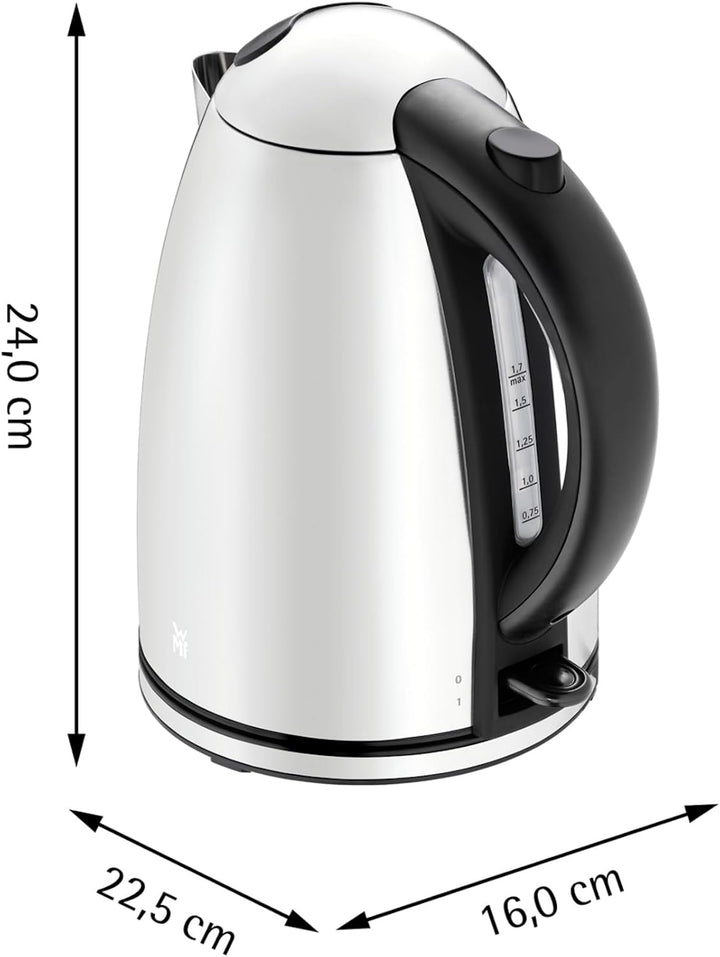 WMF Stelio Wasserkocher Edelstahl 1,7l, elektrischer Wasserkocher mit Kalkfilter, 2400 W, Wasserstan