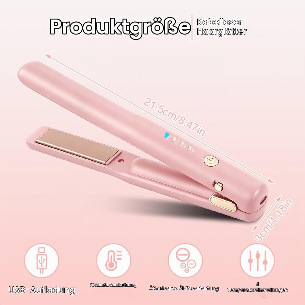 2 In 1 Mini Glätteisen Kabellos und Lockenstab, Hair Straightener, 4 Temperaturen, Wiederaufladbare