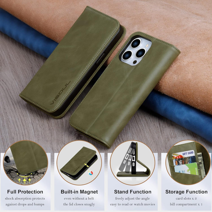 VISOUL Hülle für iPhone 14 Pro Handyhülle [ Echtleder] [Schützt ][3 Kartenfächer] [Magnet] [Standfun