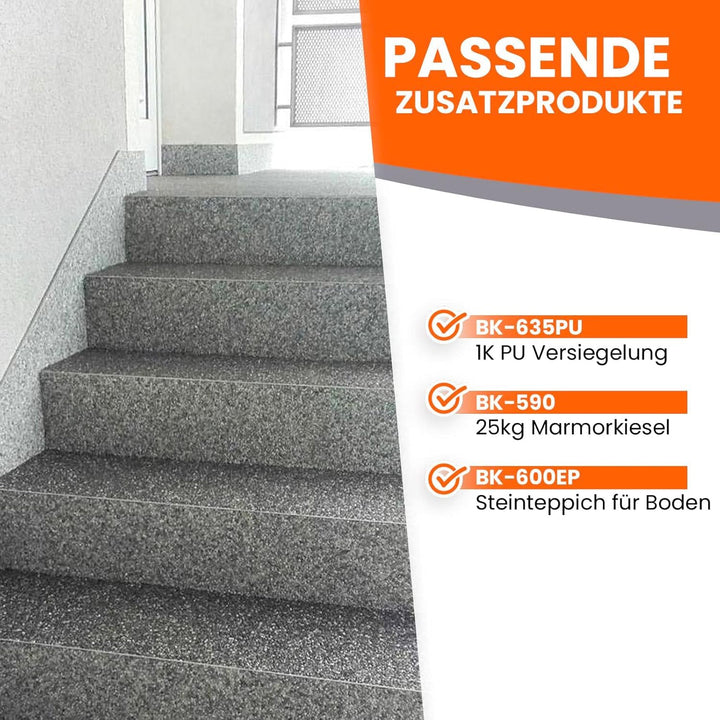 Steinteppich Set für 2qm Wand, Treppe Setzstufe, Sockel aussen innen - 25kg Arabescato + 3kg PU Kleb