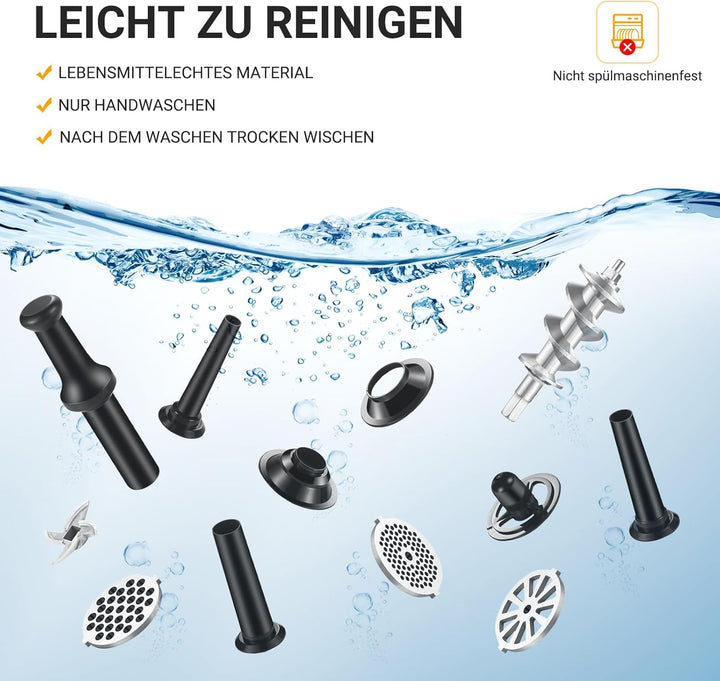 AOBOSI 3-In-1 Fleischwolf Elektrisch Mit 3 Edelstahl-Schleifplatten,1 Kubbe & 3 Wurstfüllrohren, [30