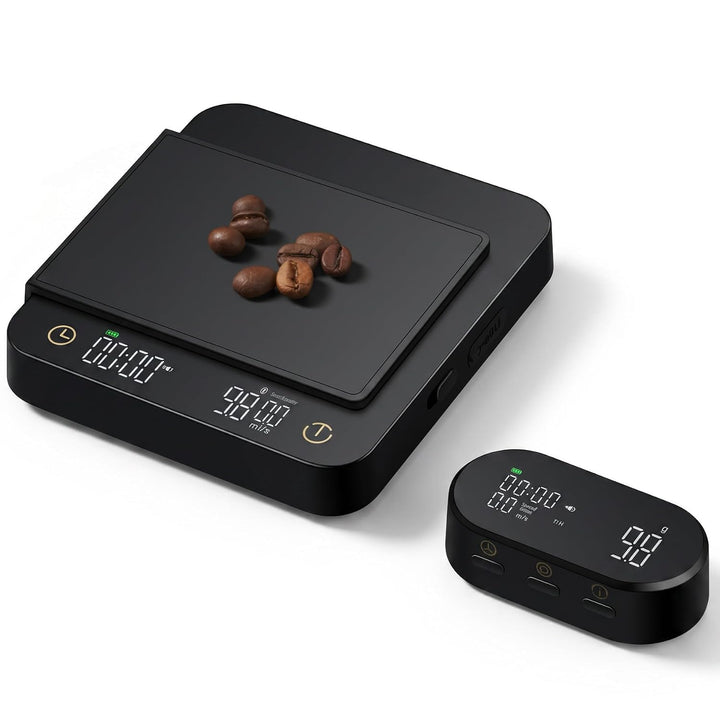 Premium Kaffeewaage mit Funk-Display &amp; Timer – Espresso Waage 0,1g / 3kg mit Flussraten-Anzeige, 5 M