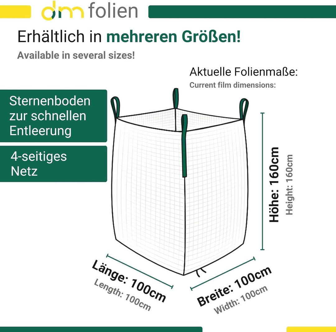 dm-Folien Holz Big Bag 100x100x160cm I 10 Stück I SWL 1.000 kg I Robuster Big Bag Holz mit Netzgeweb