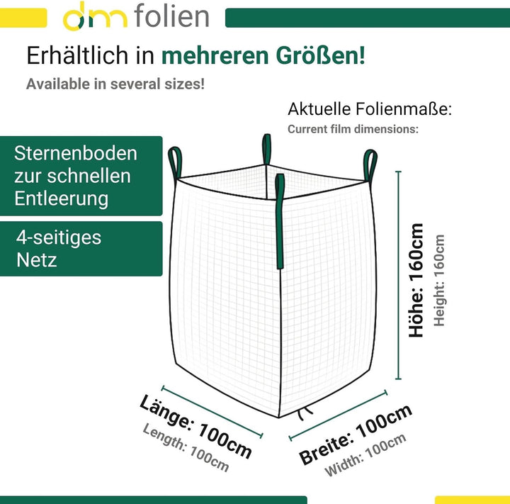 dm-Folien Holz Big Bag 100x100x160cm I 10 Stück I SWL 1.000 kg I Robuster Big Bag Holz mit Netzgeweb