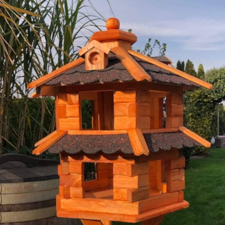 Vogelvilla wetterfest von L bis XL Futterhaus Vogelhaus mit oder ohne Ständer in Braun mit Rot, Grün