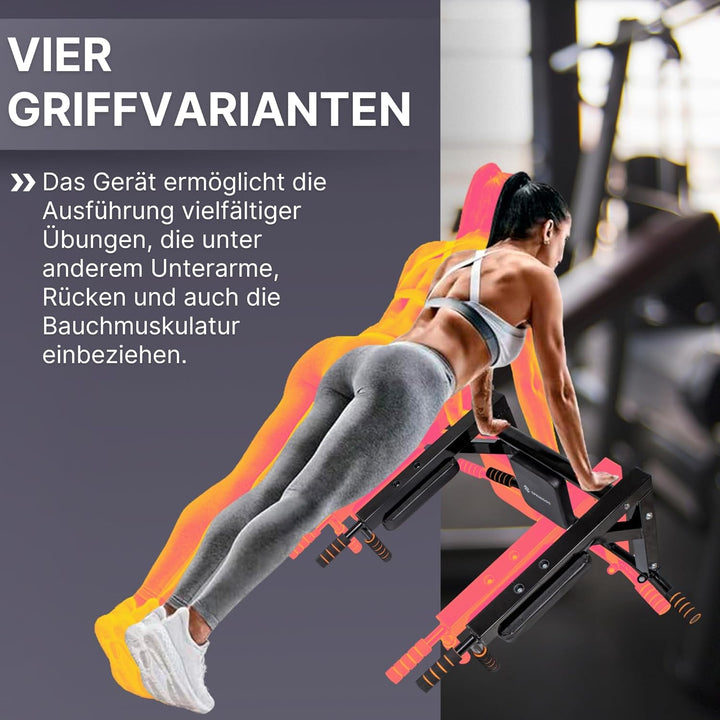 SPRINGOS Wandmontierte Klimmzugstange 3 in 1 + Dip-Stangen + Rückenlehne aus Stahl Dip Bar Pull up S