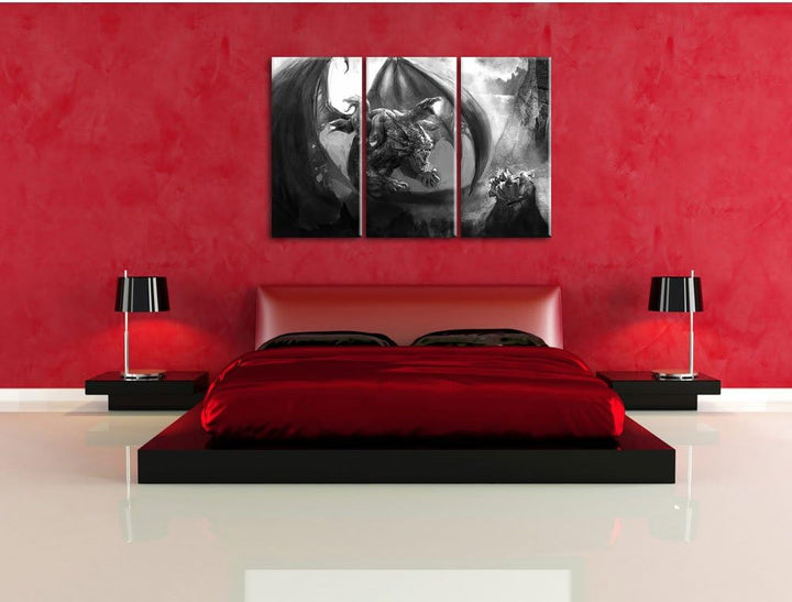 Pixxprint Drachen Schlangen als Leinwandbild | Grösse: 3 Teilig (120x80) | Wandbild| Kunstdruck | fe