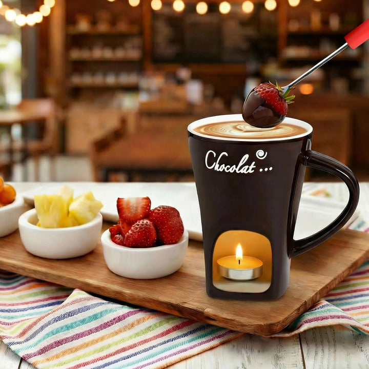 Schokofondue Tasse Schokoladen Fondue Fondueset Becher Set Keramik Schokoladenfondue mit Gabel Schok
