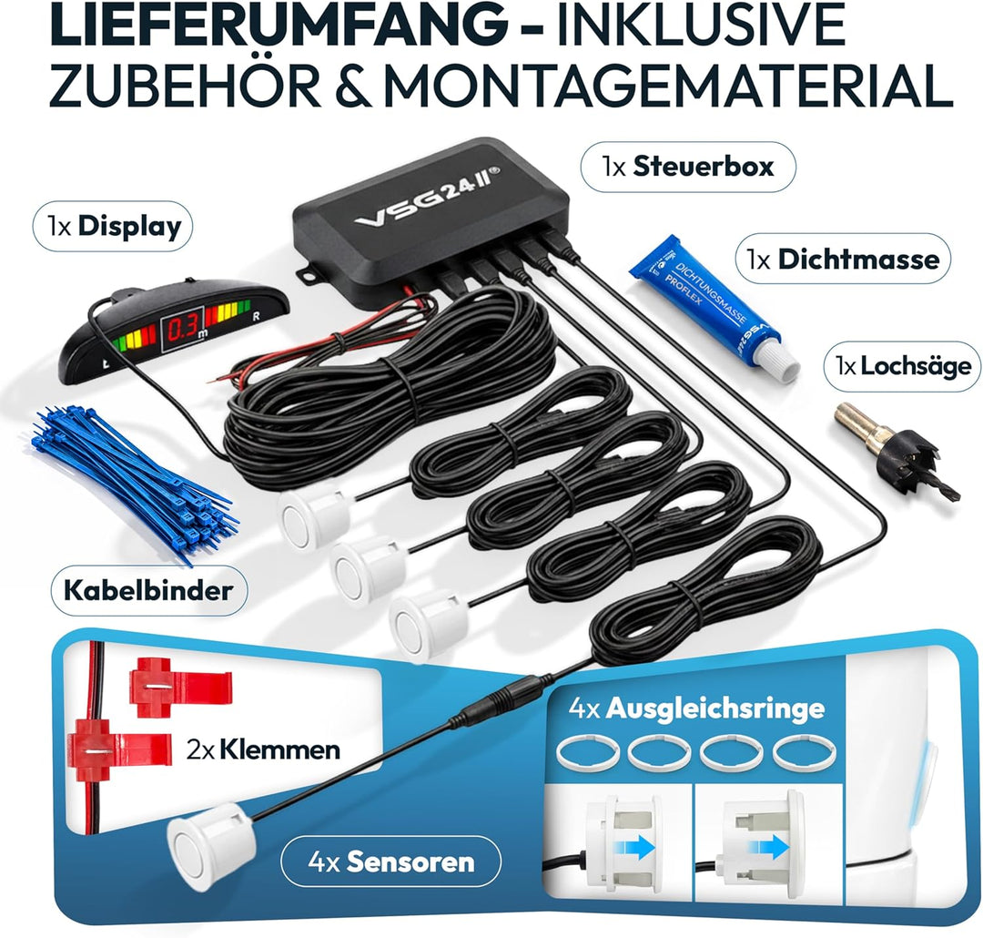 VSG24 Premium Einparkhilfe hinten mit Display zum nachrüsten am Auto, PDC Parksensoren hinten mit St