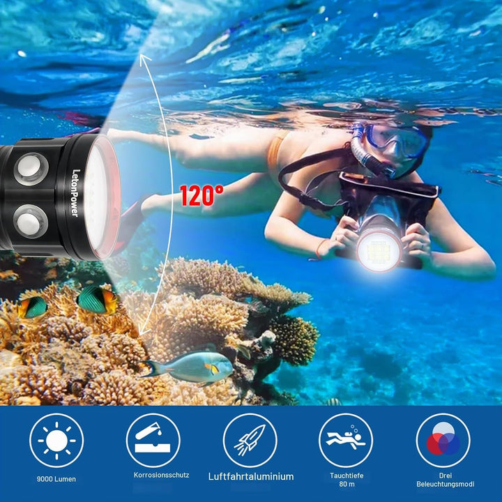 B24 Tauchen Taschenlampe,9000 Lumens Super Bright Underwater 80m Video Light, Scuba Dive Light, High