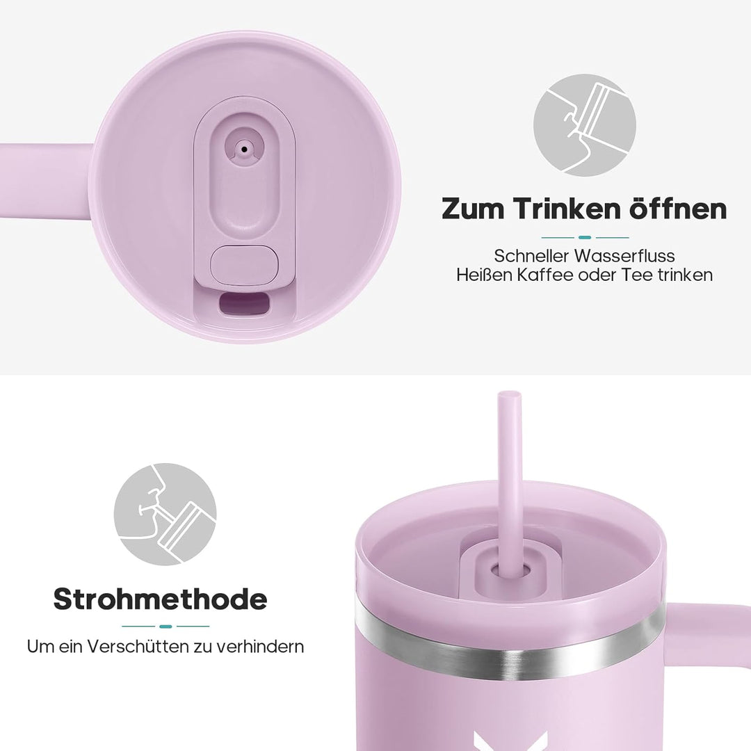 Trinkflasche mit Strohhalm 1.2L - Thermobecher mit Henkel auslaufsicher - Doppelwandige Vakuumisolie