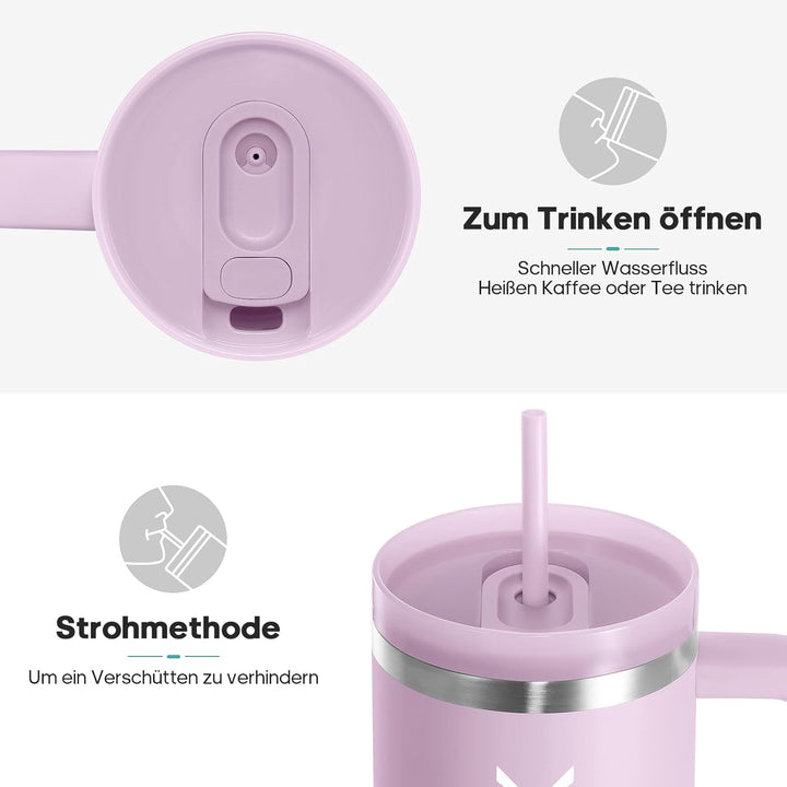 Trinkflasche mit Strohhalm 1.2L - Thermobecher mit Henkel auslaufsicher - Doppelwandige Vakuumisolie