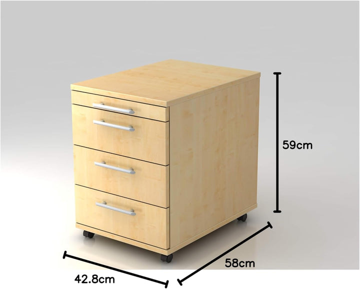 Bümö® Rollcontainer in Ahorn mit 3 Schüben und Schreibwaren Schublade | Bürocontainer aus Holz | Tis