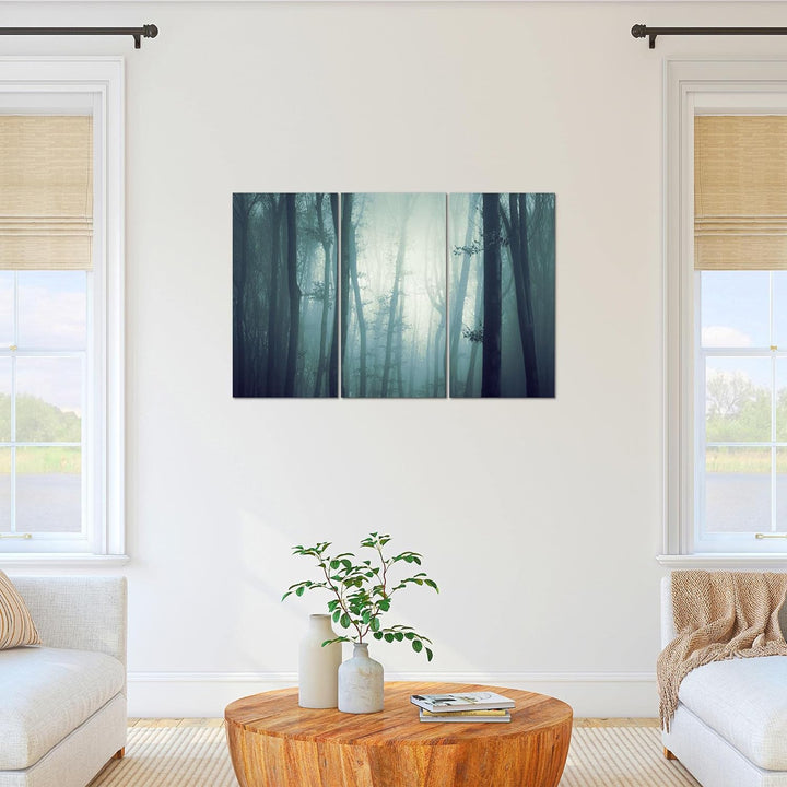 Runa Art Wandbilder Wald Nacht Bild XXL Schlafzimmer Wohnzimmer Türkis Nebel 120 x 80 cm 3 Teilig 01