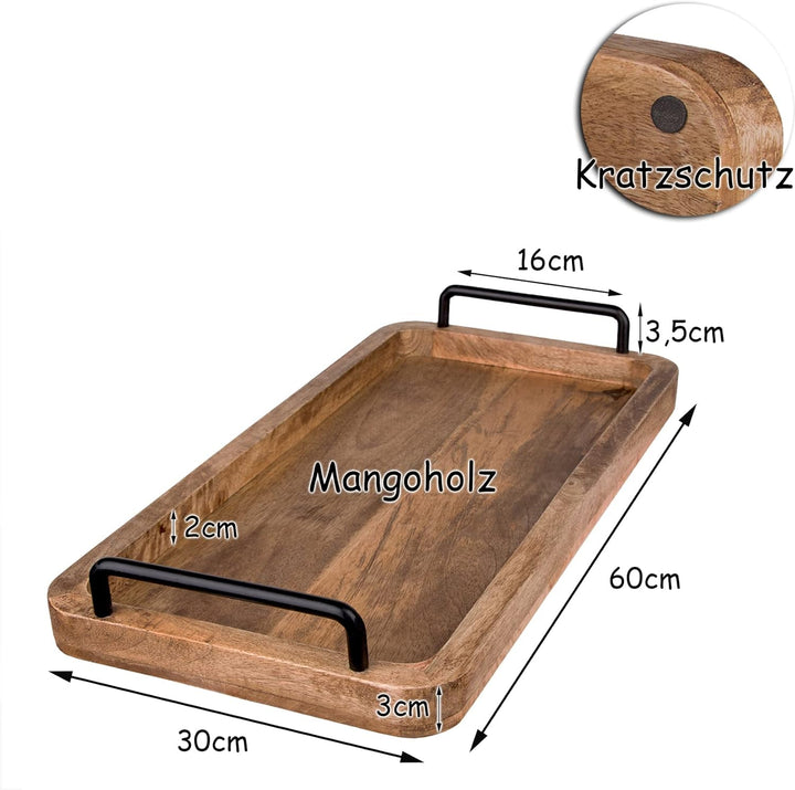 BigDean Serviertablett aus Mangoholz - 60 x 30 x 3 cm - Vintage Holz Tablett - UNIKAT - Holztablett
