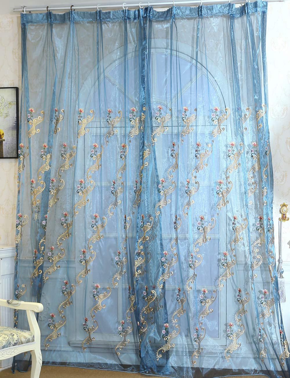 Lactraum Vorhänge Wohnzimmer Transparent Blau mit Ösen Bestickt Wasserfee Blumen Voile 300 x 245cm 3