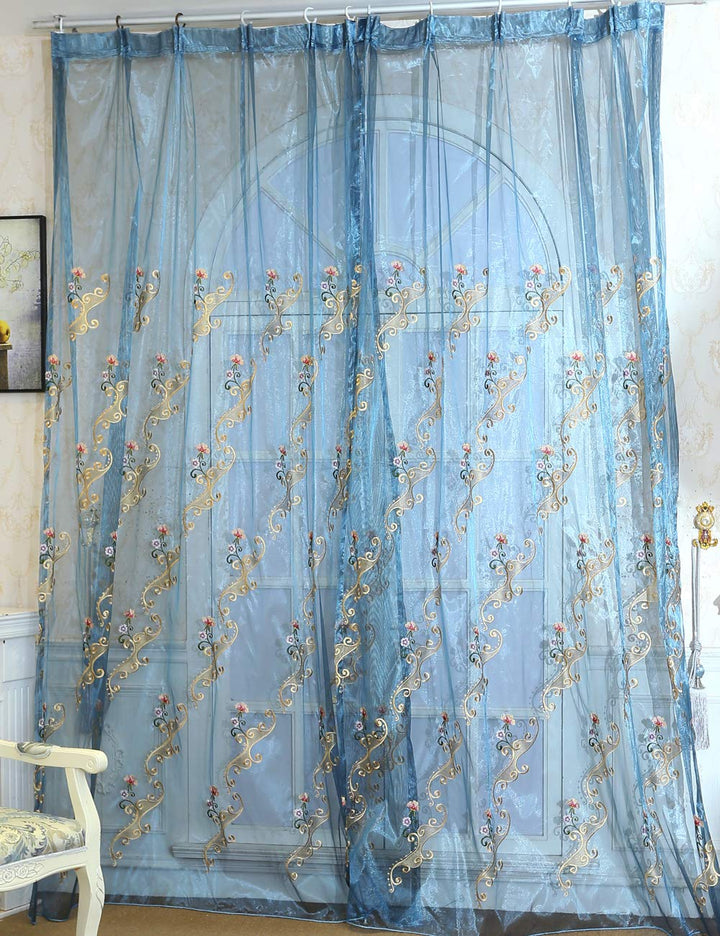 Lactraum Vorhänge Wohnzimmer Transparent Blau mit Ösen Bestickt Wasserfee Blumen Voile 300 x 245cm 3