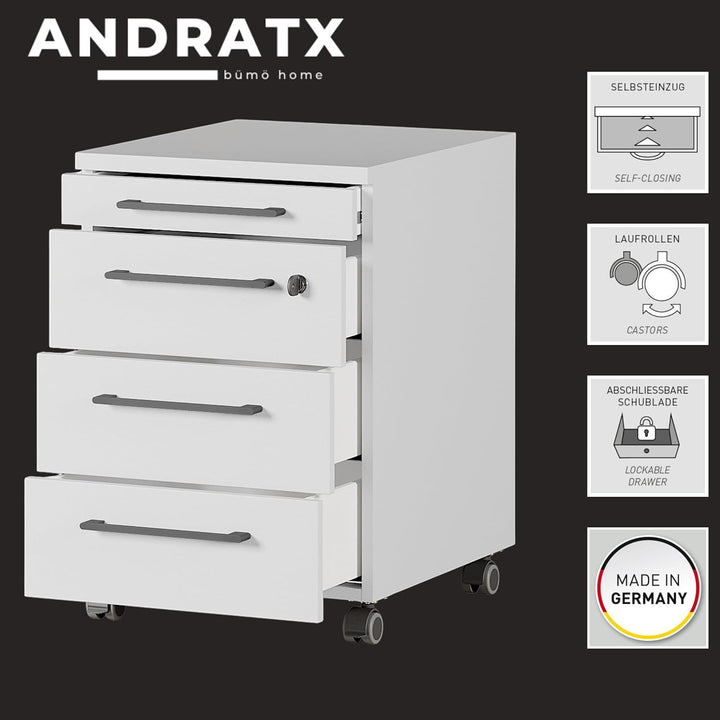 bümö Andratx Rollcontainer mit Schubladen, Container abschliessbar aus Holz in grau - Rollwagen für'