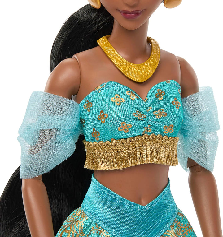 Mattel Disney Princess Glitzerprinzessin Jasmin Modepuppe mit Zubehörteilen, mit abnehmbarem Outfit,