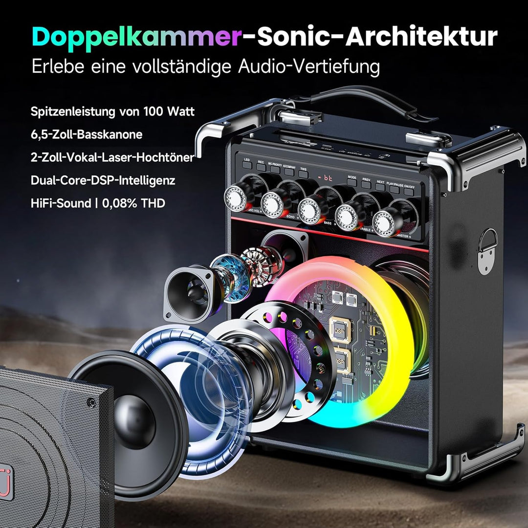 JYX Karaoke Maschine mit 2 drahtlosen Mikrofones, Tragbaren Karaoke Anlage Lautsprecher mit RGB-Lich