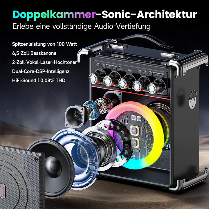 JYX Karaoke Maschine mit 2 drahtlosen Mikrofones, Tragbaren Karaoke Anlage Lautsprecher mit RGB-Lich