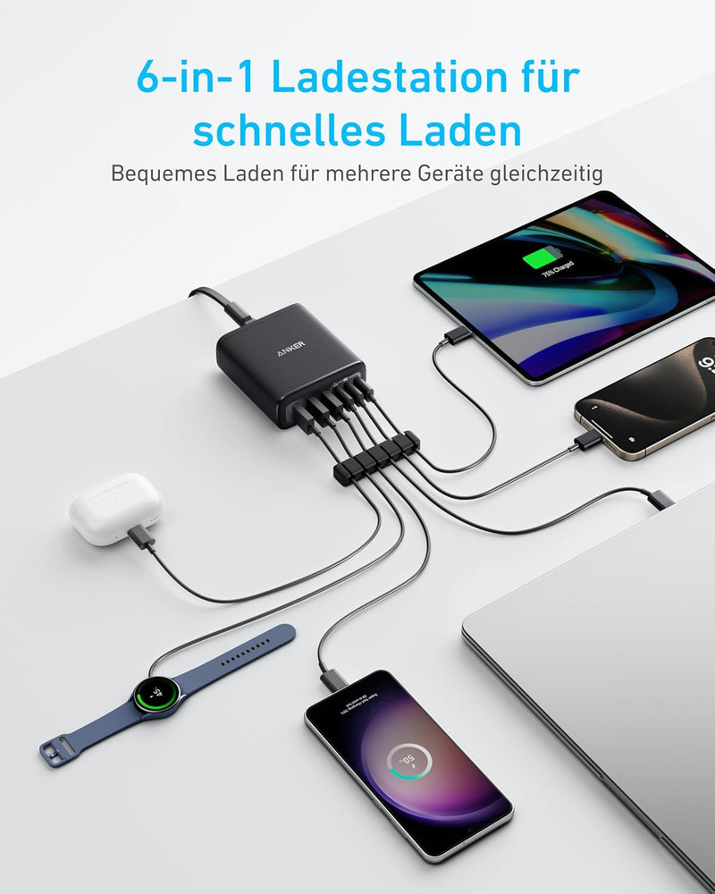 Anker USB-C Ladegerät, 6 Port Ladestation mit 112W Ausgang Leistung, Für iPhone 16/16 Plus/16 Pro/16