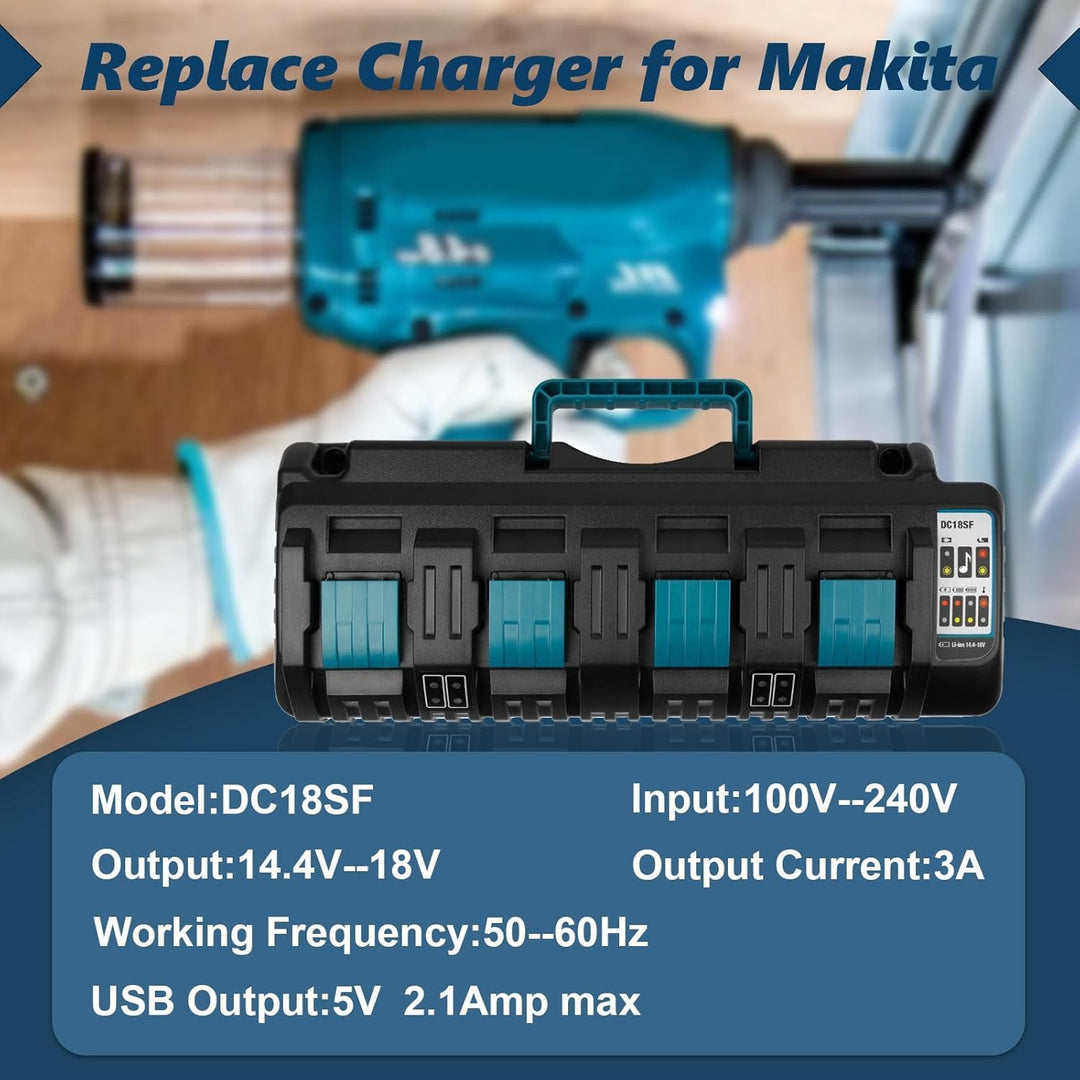 14,4 V–18 V Ladegerät, 4 Anschlüsse, Ersatz für Makita DC18SF Ladegerät Ladegerät-18V-LXT-Serie-4-Po