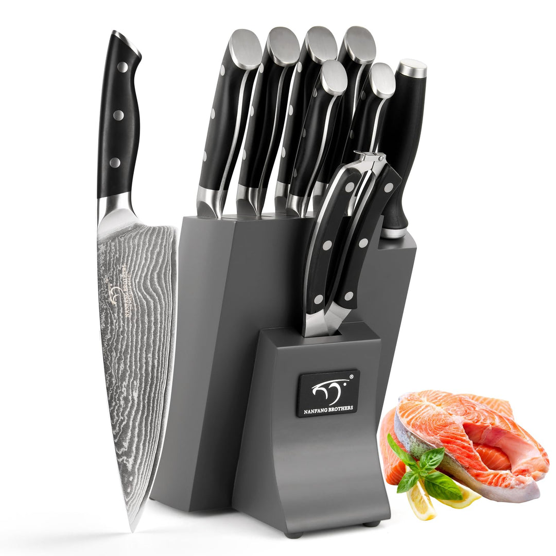 NANFANG BROTHERS 9er Damastmesser küchenmesser Set mit Buchenholzmesserblock, Messerblock mit Messer