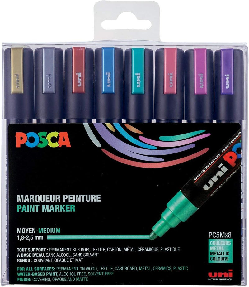 POSCA uni-ball 182520 - POSCA Marker mit mittelfeiner Rundspitze, 8er Set, Metallic Metallfarben 8 S