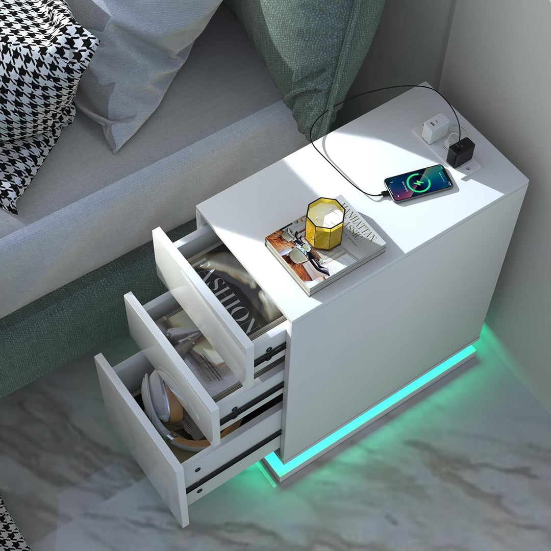 PIPIPOXER 2er Set Nachttisch LED mit Steckdose & USB, Nachttisch Weiss Hochglanz Nachtkommode mit 3