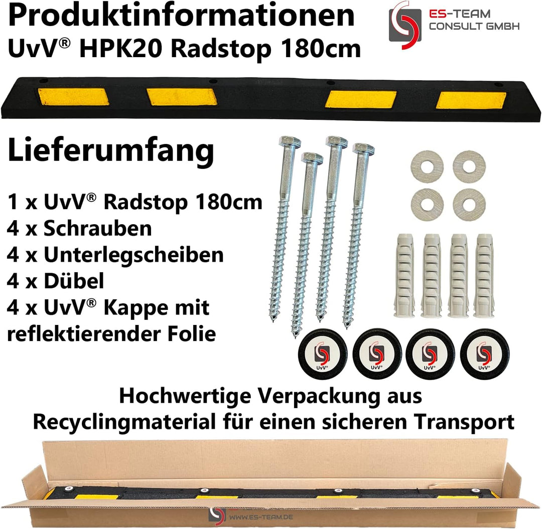 UvV HPK20 Parkstopper, Radstopp schwarz, gelbe Reflektoren -180 cm Lange Gummi Parkplatzbegrenzer in