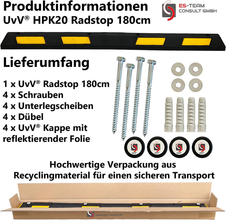 UvV HPK20 Parkstopper, Radstopp schwarz, gelbe Reflektoren -180 cm Lange Gummi Parkplatzbegrenzer in