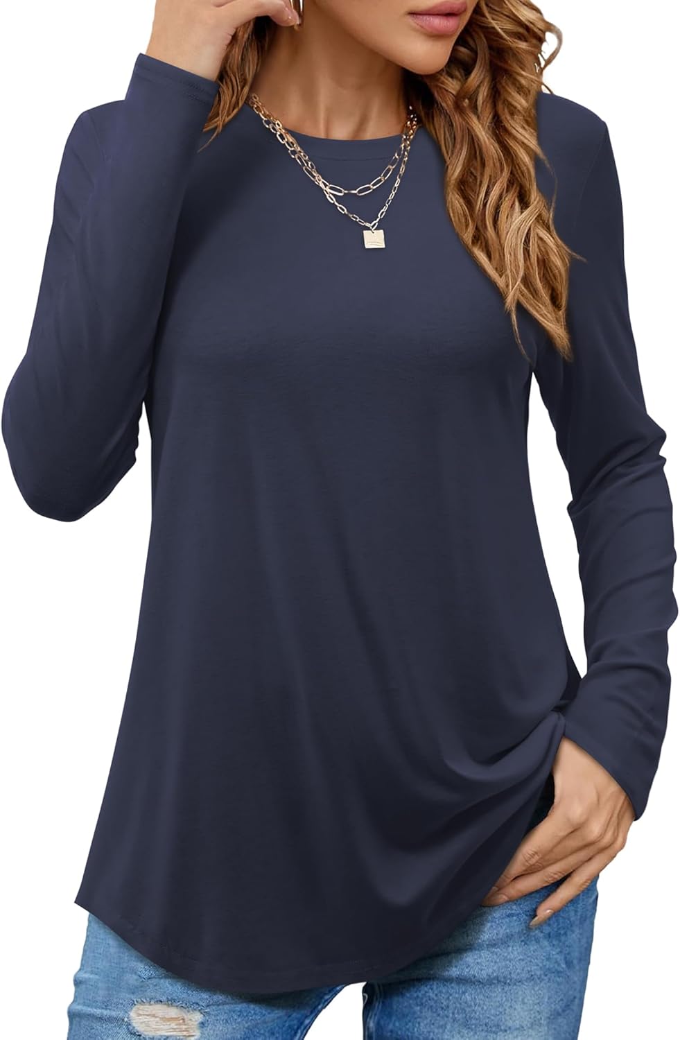 Beluring T-Shirt Damen Lässig Kurzarm/Langarm Oberteile Rundhals Longshirt L Marineblau, L Marinebla