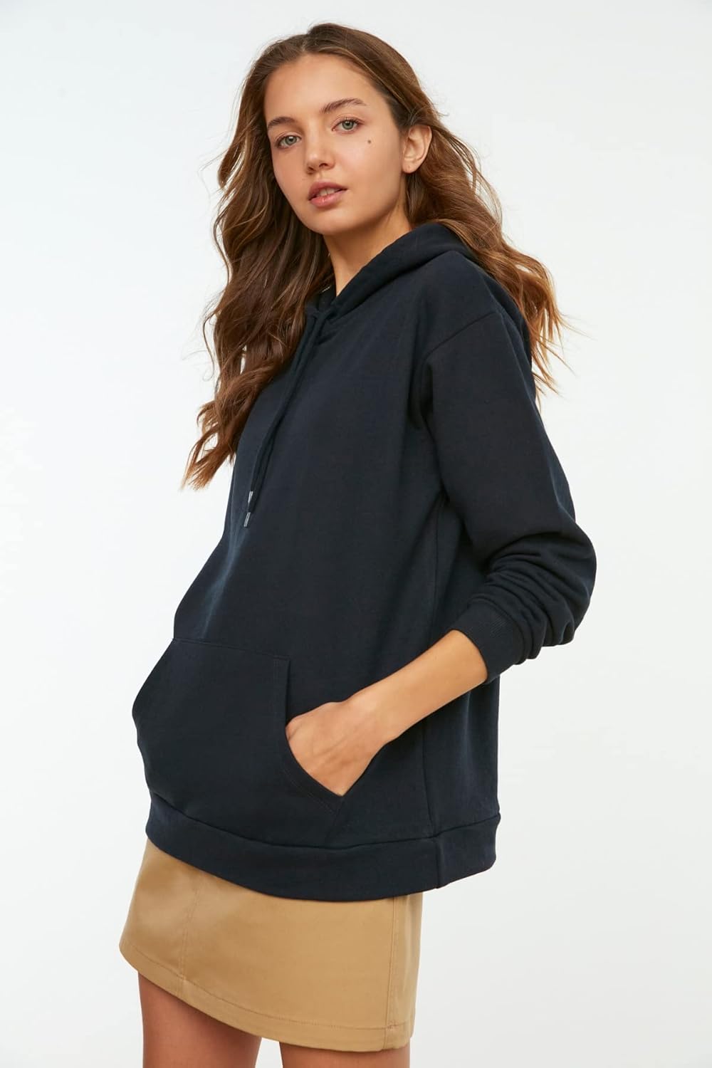 TRENDYOL Damen Kapuzen, Einfarbig Sweatshirt L Navy Blau, L Navy Blau