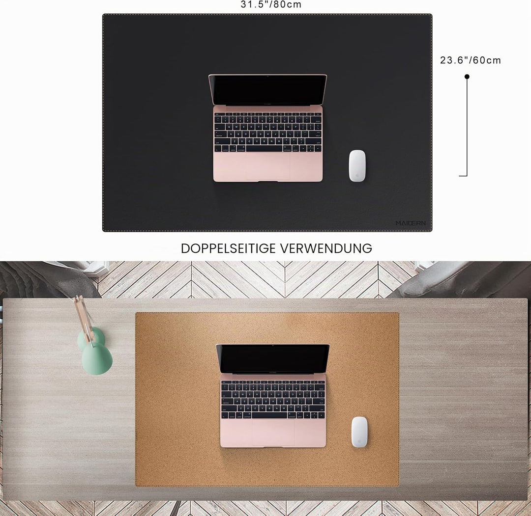MAIDERN Schreibtischunterlage Kork & Leder 80 x 60cm, Doppelseitiges Schreibtischunterlage filz, Gro