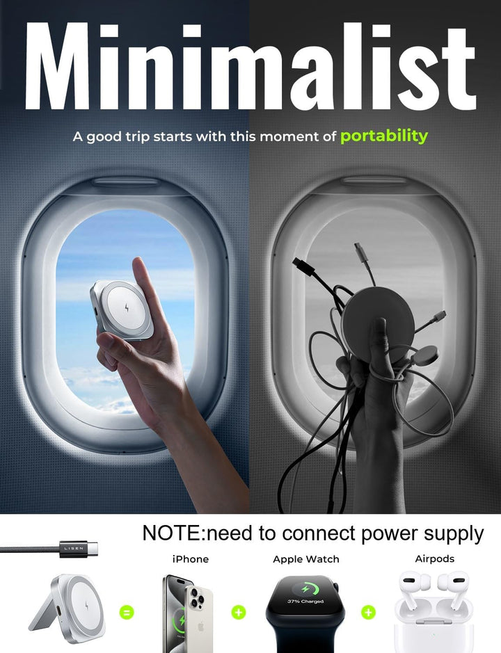 LISEN Induktive Ladestation für Apple Watch Und iPhone [Super Tragbar] Magsafe Ladestation,Reisen Wi