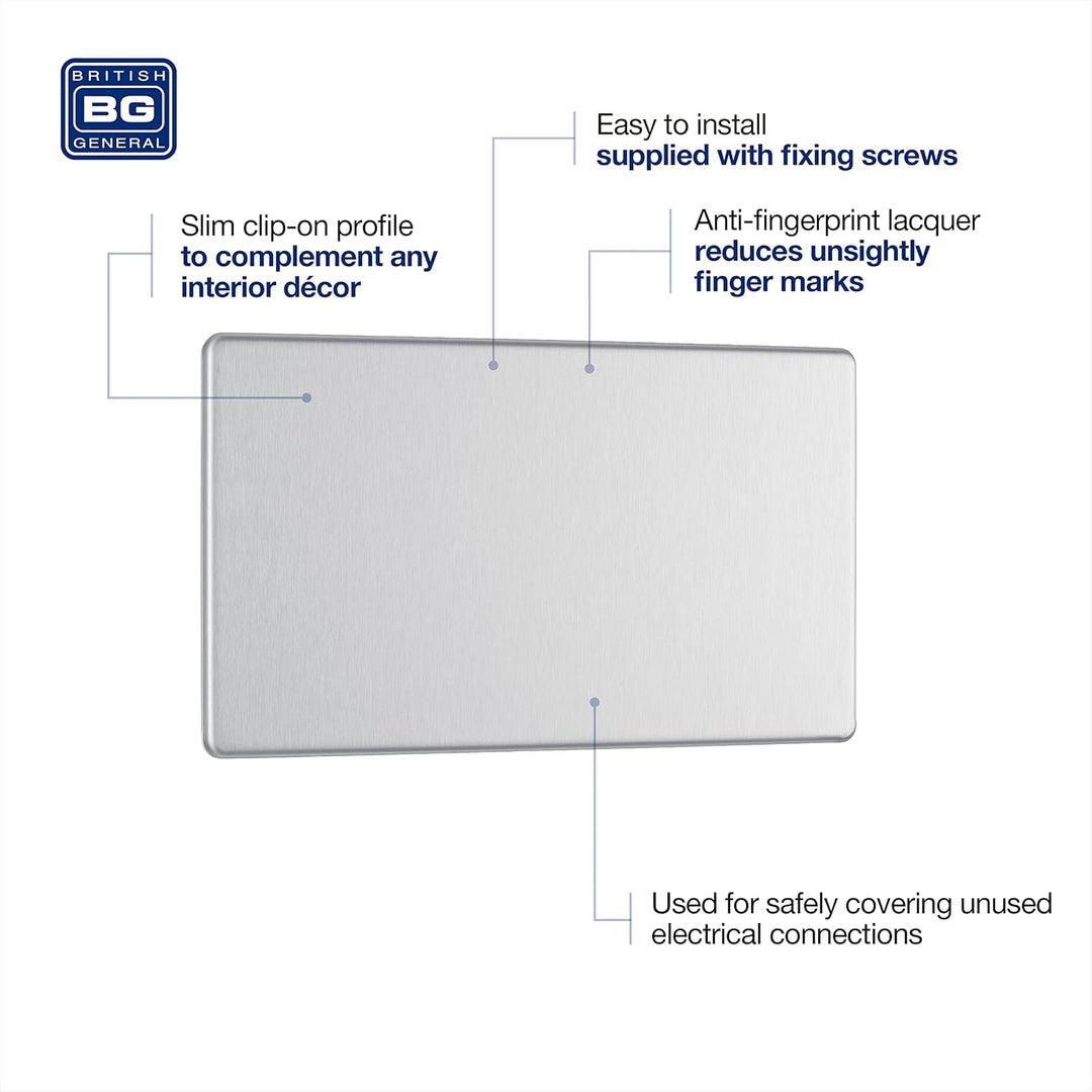 BG Electrical Doppelte, schraubenlose Blindplatte Doppelte Blindplatte Gebürsteter Stahl, Doppelte B