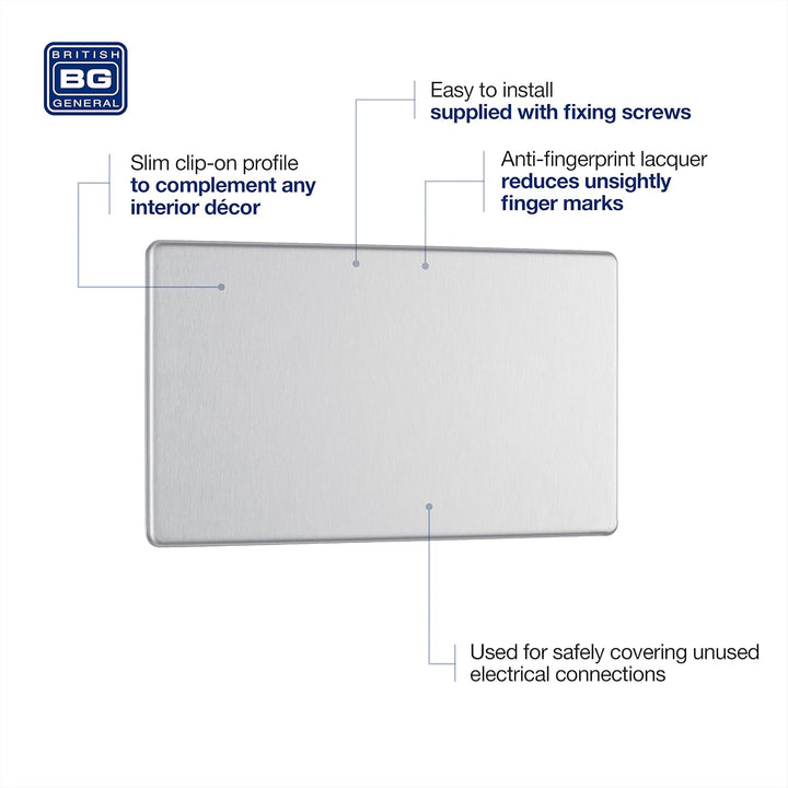 BG Electrical Doppelte, schraubenlose Blindplatte Doppelte Blindplatte Gebürsteter Stahl, Doppelte B