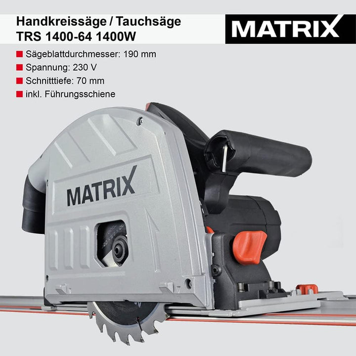 Matrix Kreissäge Handkreissäge Tauchsäge mit Führungsschiene TRS 1400-64 | 1400 Watt | 70mm Schnittt