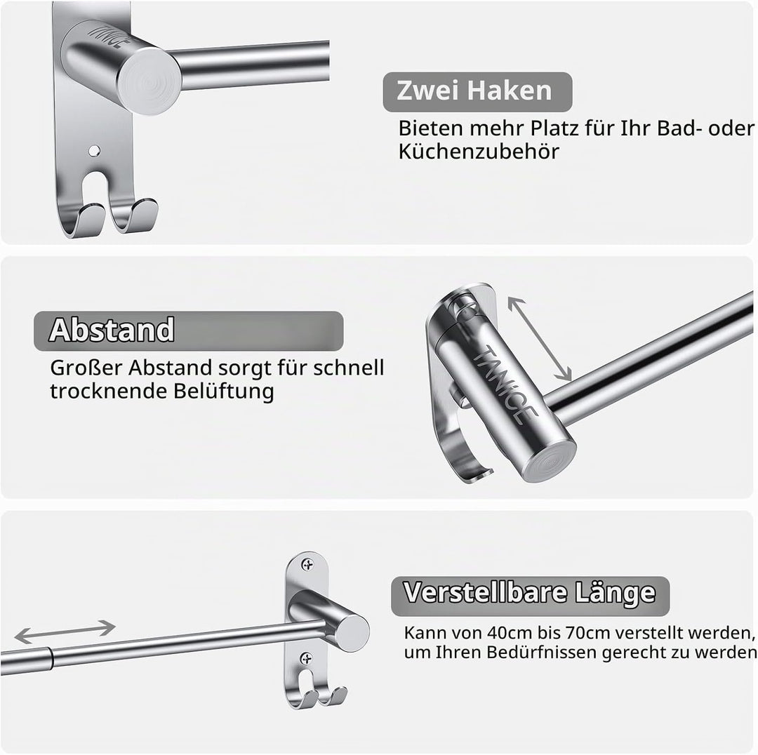 TANiCE Handtuchhalter 40-70cm einstellbar Edelstahl Handtuchstange wandmontage Badetuchhalter Handtu