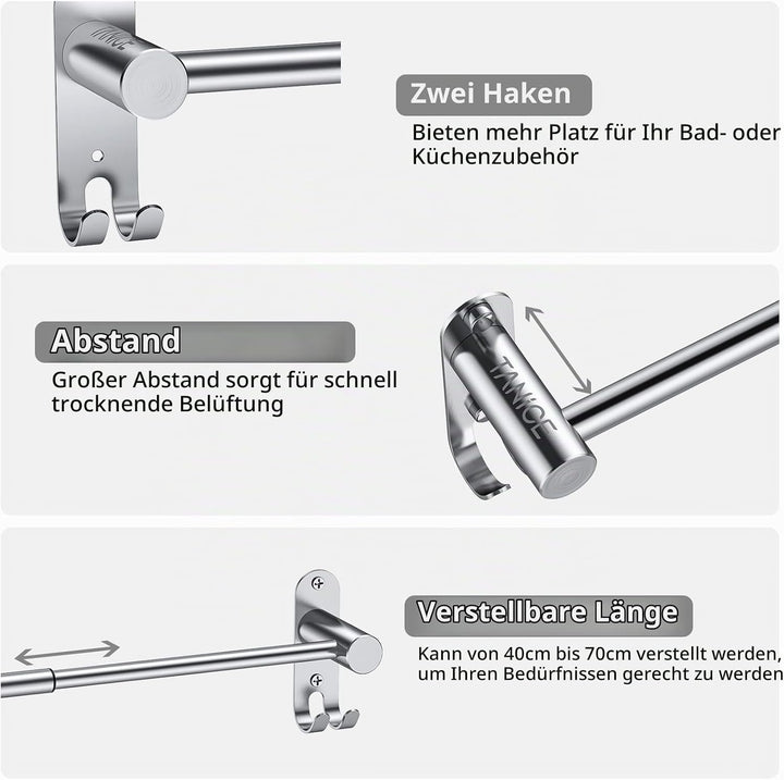 TANiCE Handtuchhalter 40-70cm einstellbar Edelstahl Handtuchstange wandmontage Badetuchhalter Handtu